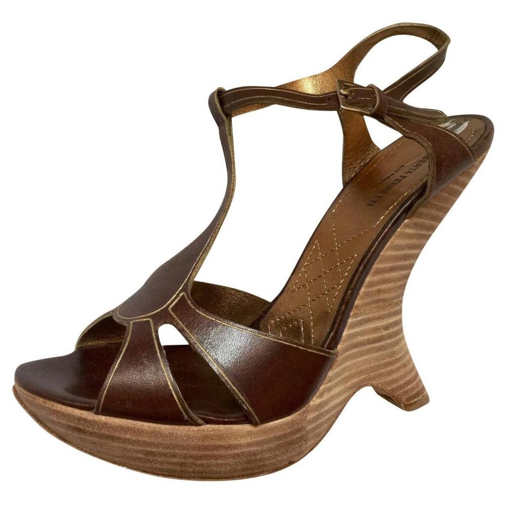 Alberta Ferretti Leather Sandals Curved Wedge Heel, Size 37 - Gently Worn